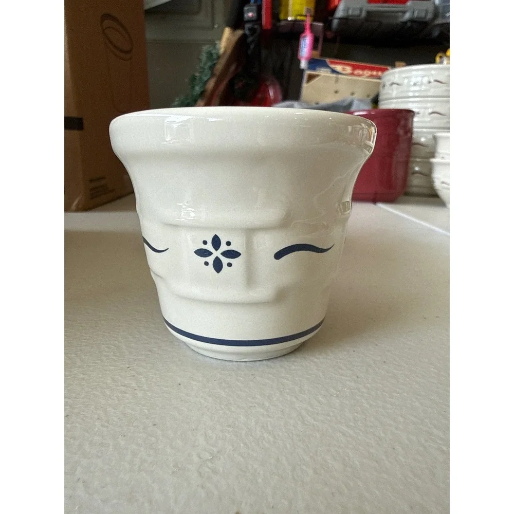 Longaberger Pottery Woven Traditions Ivory Blue Votive Cup Small Crock‎ USA Made